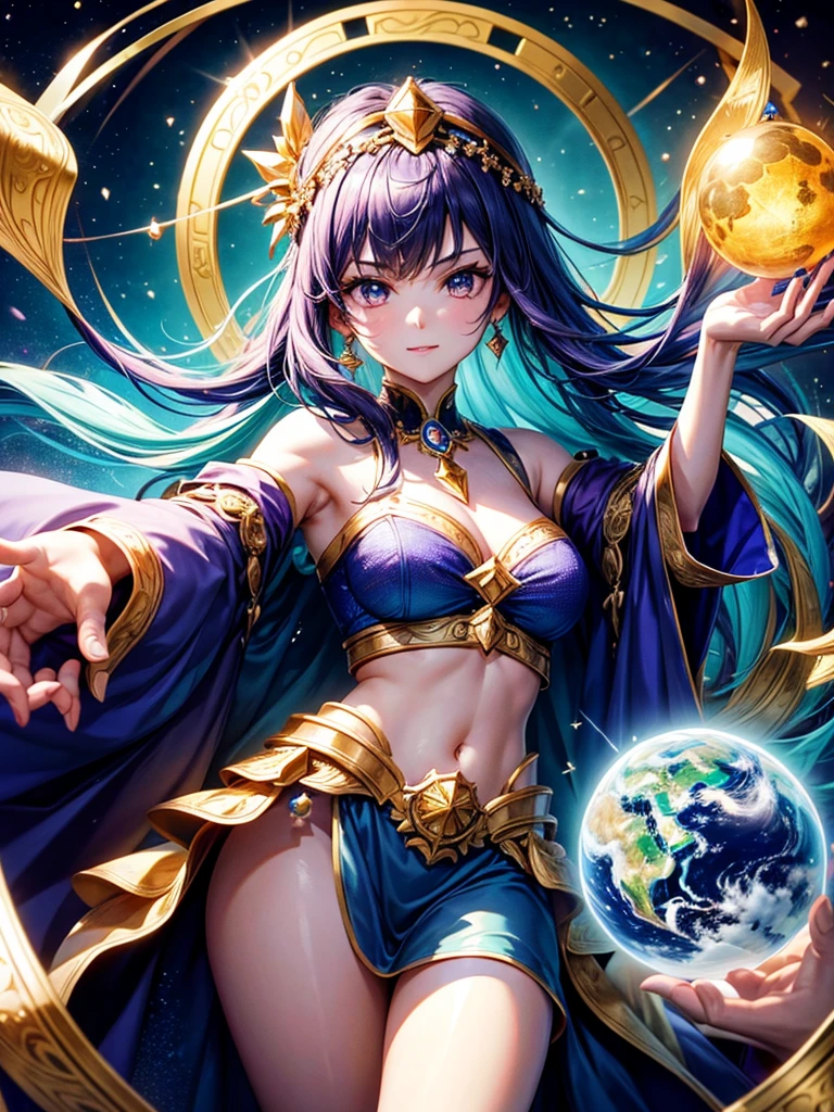 Highest quality,Highest Resolution,４K quality,A female fortune teller holds her hand over a crystal ball on which the Earth is projected,up,