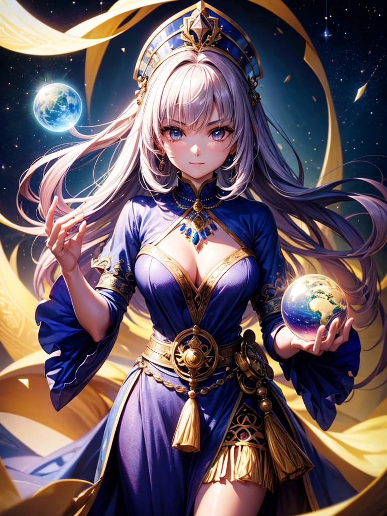 Highest quality,Highest Resolution,4K quality,A female fortune teller holds her hand over a crystal ball on which the Earth is projected,up,