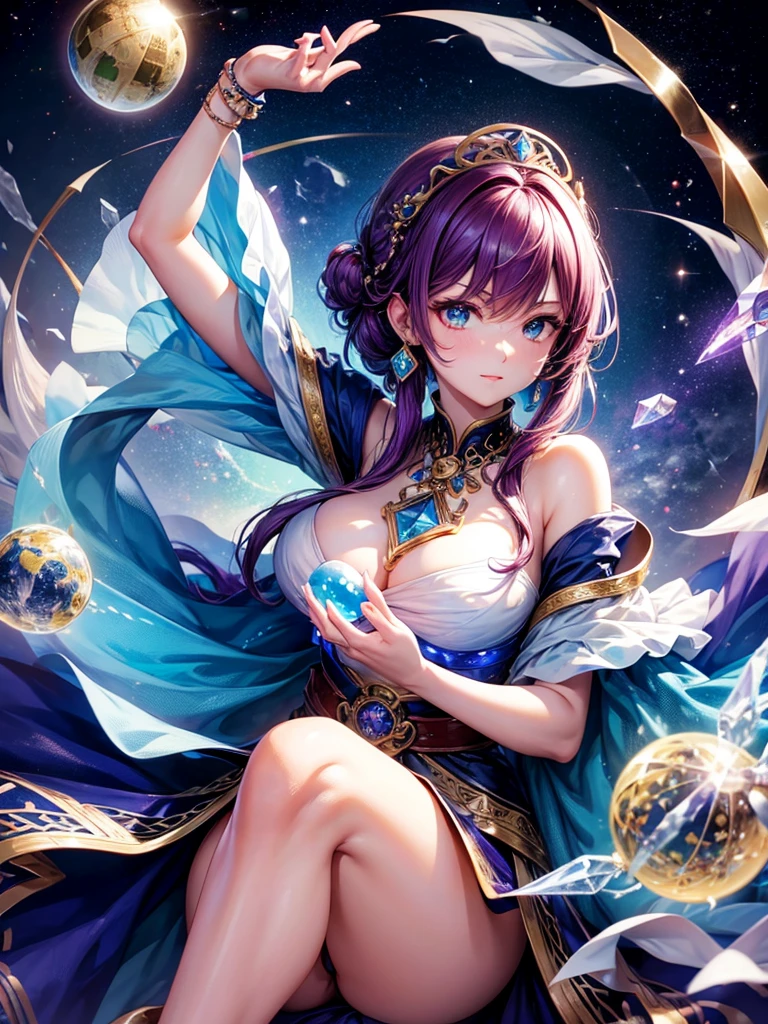 Highest quality,Highest Resolution,4K quality,A female fortune teller holds her hand over a crystal ball on which the Earth is projected,up,