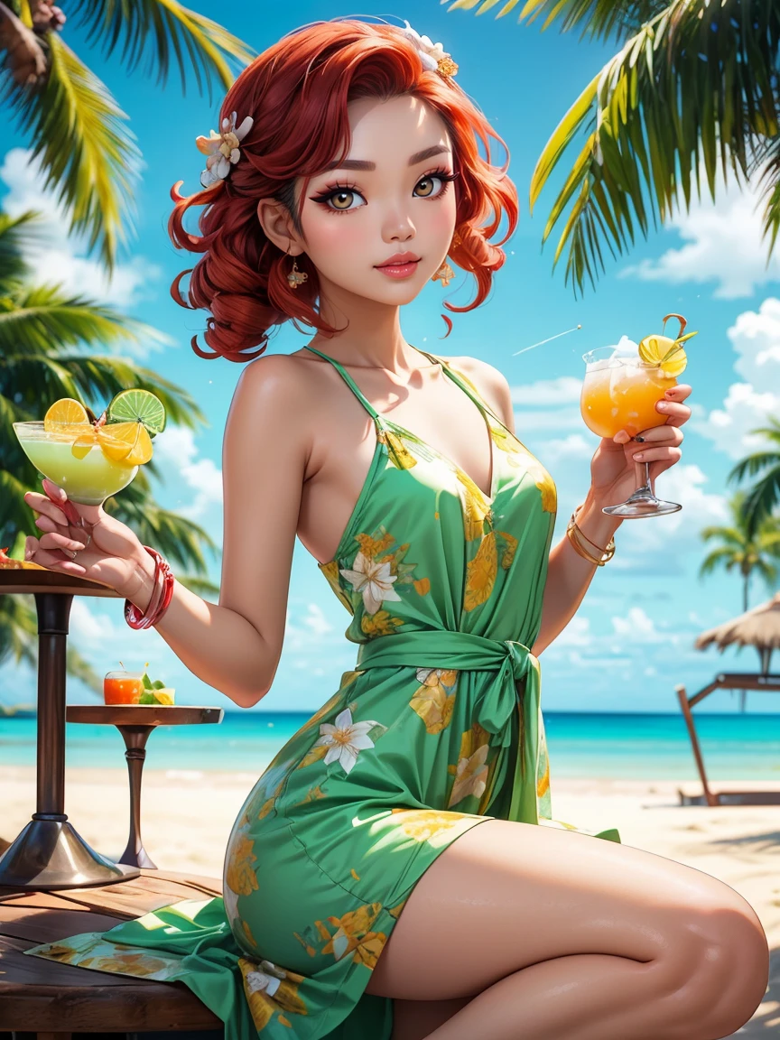 soft_light (((Ultra detailed, beautiful face, Megapixel))) 
A vibrant and playful Mexican woman with ((fiery red curls)), her hair reminiscent of the zest and energy of a zesty Margarita cocktail. Her ((bright, sparkling green eyes)) exude joy and liveliness, mirroring the vibrant lime garnish of her namesake drink. Dressed in a stunning, knee-length dress that captures the vividness of a tropical Piña Colada, the dress showcases an array of pastel colors, from sunny yellow to luscious coconut white, and is accentuated with delicate pineapple motifs. She wears an elegant bracelet with small seashell charms, evoking the beachy essence of a Piña Colada. With a cocktail shaker in hand, she playfully poses as if pouring the refreshing concoction into a coconut glass, ready to whisk you away to a sun-kissed paradise with sandy beaches and swaying palm trees.