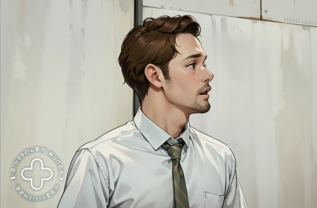 A 40-year-old man is talking with his mouth open and worried, with some surprise, brown hair.