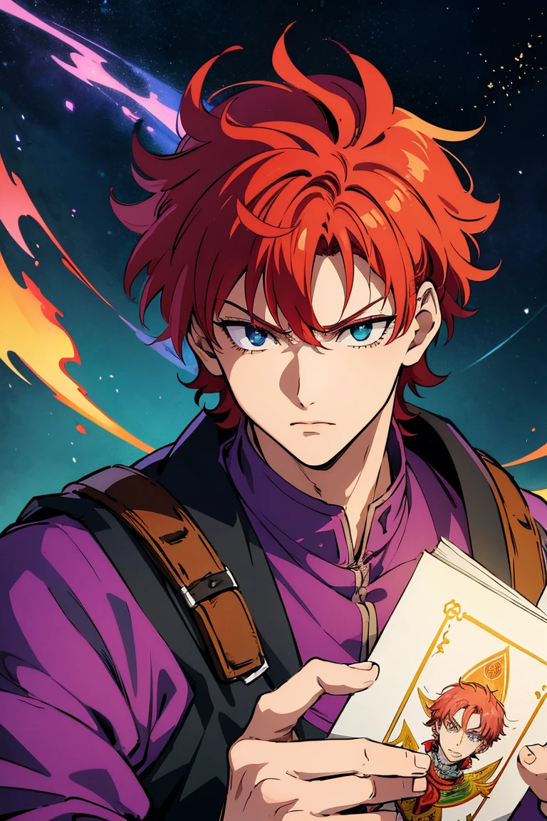nime character with red hair and a star on his face, portrait of Hisoka hunter hunter, Hisoka, Hisoka from hunter × hunter, a drawing of a man holding a playing card in his hand, portrait of Hisoka hunter hunter, Hisoka, Hisoka from hunter × hunter, kentaro miura manga art style, kentaro miura manga style, joseph joestar, handsome guy in demon slayer art, Joe Biden as Jojo character, Manga style by Kentaro Miura, colorfully illustration, colorfully, blue highlights, Green Highlights, purple highlights. rays of pink energy around you