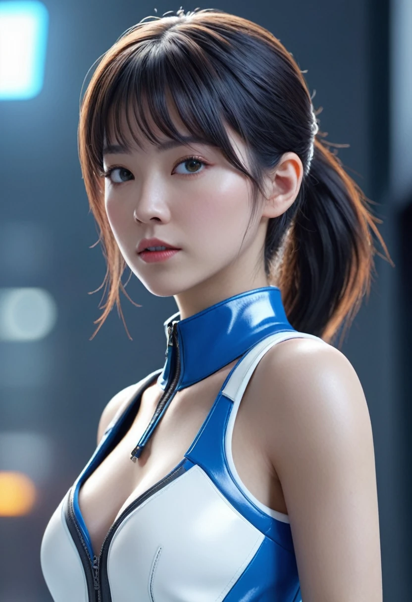 Prepare to be amazed by this unique 3D rendering of a female character, with a futuristic aesthetic that will transport you to another world. Her blue jacket and white tank top are just the beginning, as her visible gadget on her hip showcases her advanced technology and sets her apart from the rest.