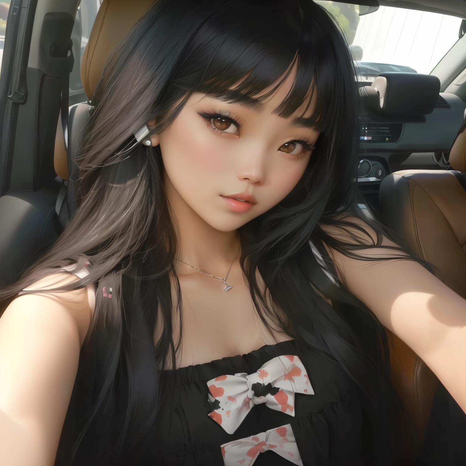 araffe woman in a car with a cell phone to her ear, lalisa manobal, asian girl, beautiful asian girl, she has black hair with bangs, anime thai girl, korean girl, asian face, with bangs, young cute wan asian face, 1 8 yo, mai anh tran, long black hair with bangs, 18 years old