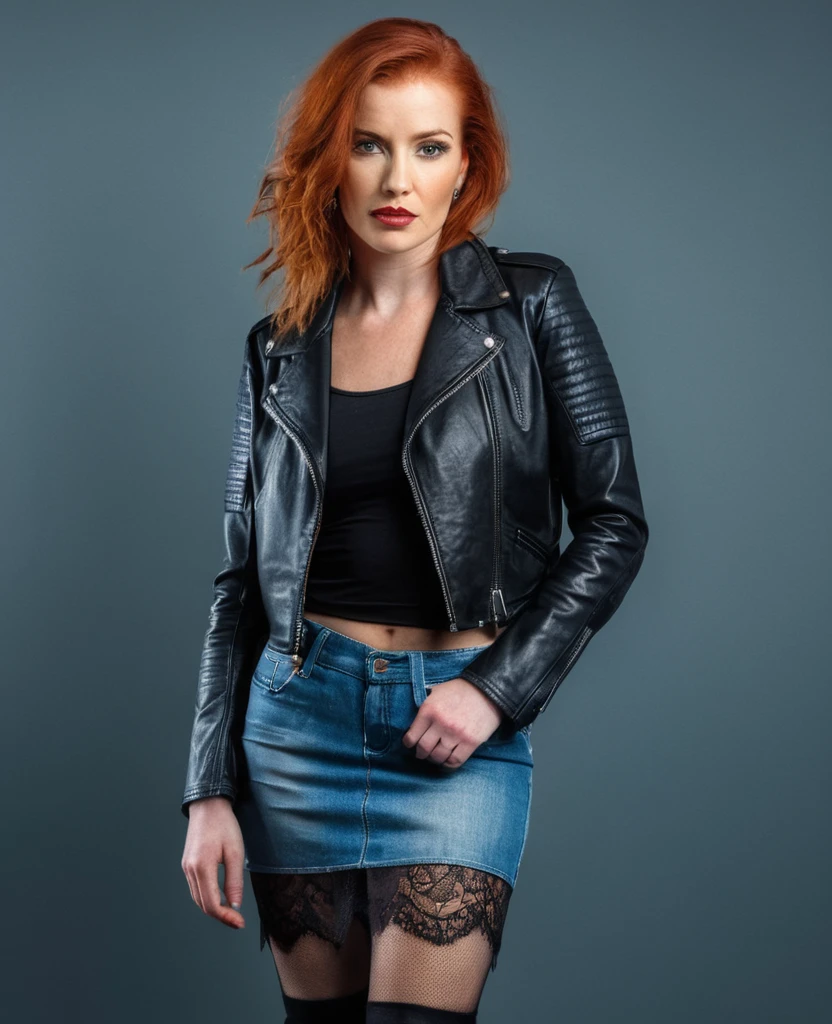 A detailed portrait of a red-haired woman ,chambre . sexy posing. She is wearing a denim skirt, lace stockings and leather jacket. 