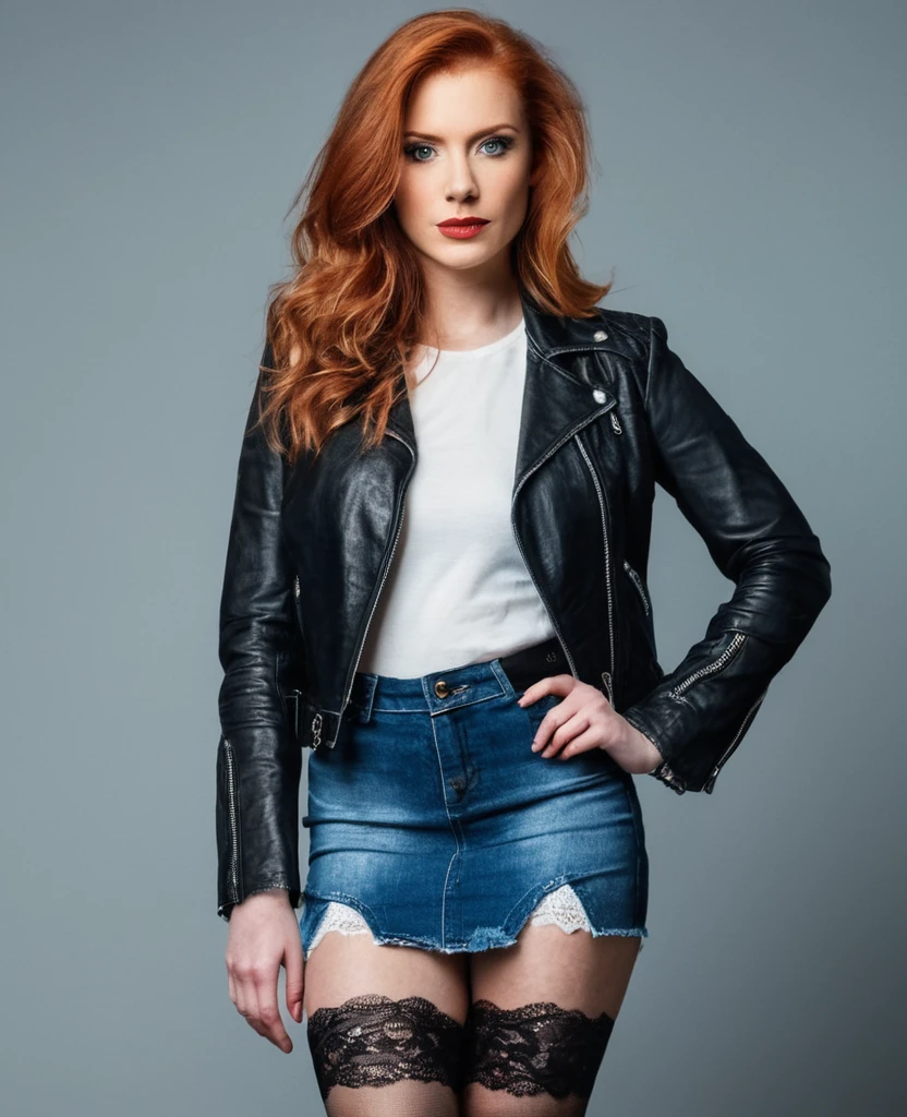 A detailed portrait of a red-haired woman ,chambre . sexy posing. She is wearing a denim skirt, lace stockings and leather jacket.