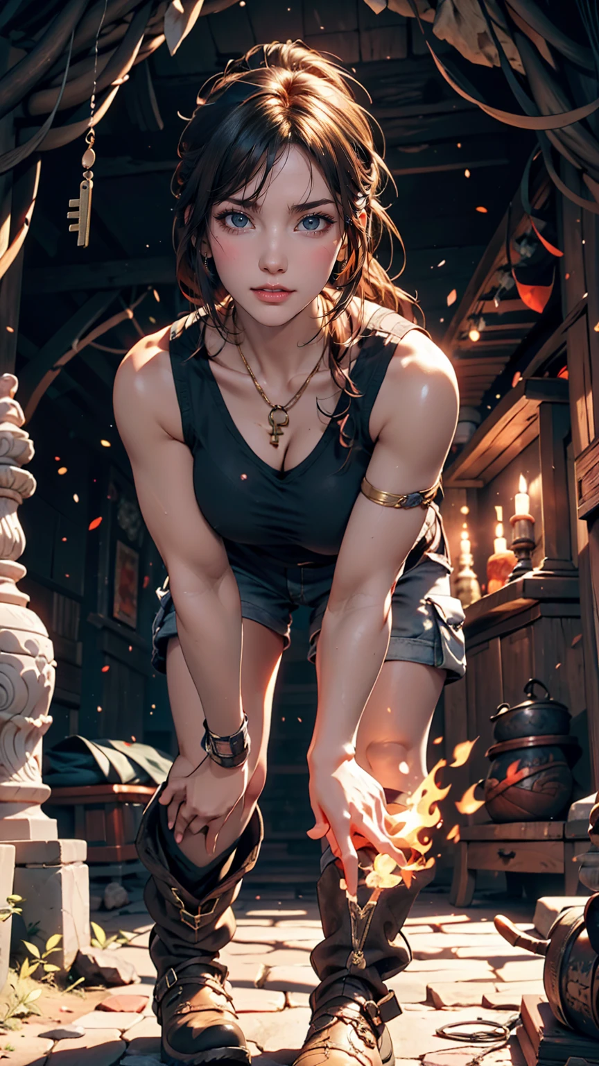 Standing at the top of an observation deck in an underground cave、Create a realistic image of Lara Croft discovering the golden key。. Lara is wearing her classic Tomb Raider outfit: Light blue tank top, Cargo shorts, Sturdy boots. She is illuminated by the light of the golden key, Casts flickering shadows on the cave walls. The caves are full of intricate carvings, Ancient symbols, and Stalactites hanging from the ceiling. Lara is kneeling and bending over., Open the door with the golden key. Golden key detailed. Perfect Face, Super detailedな顔, perfect brown eyes, Beautiful Face, Perfect Anatomy. Further details: background: Intricately carved underground caves, Ancient symbols, Stalactites, Shadows cast by torch light. Lighting: Dark, at night, Flickering torch light illuminates the scene., Creates dramatic shadows and a mysterious atmosphere. (8K, RAW Photos, 最high quality, masterpiece:1.2),Super detailed, (Skin with attention to detail:1.2), 8K Ultra HD, Digital SLR, Soft lighting, high quality