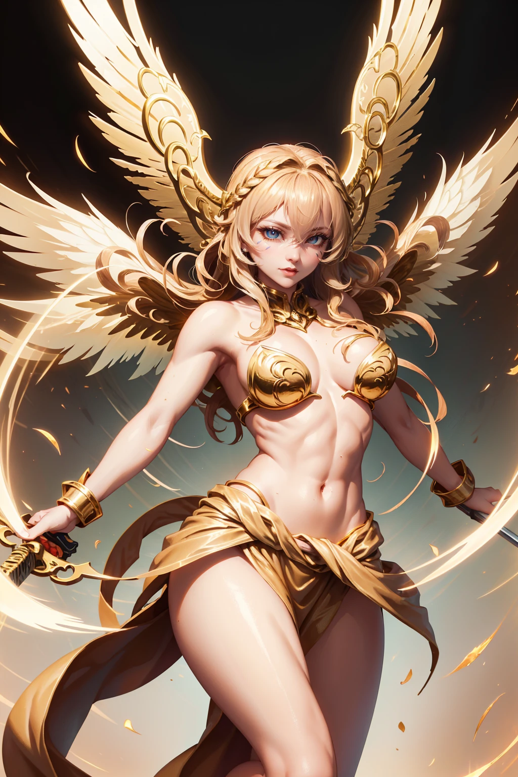 golden angel goddess with wings, blondie hair, perfect hands, golden shine, fictional figure body hands on waist, sexy movement pose, swords around the body