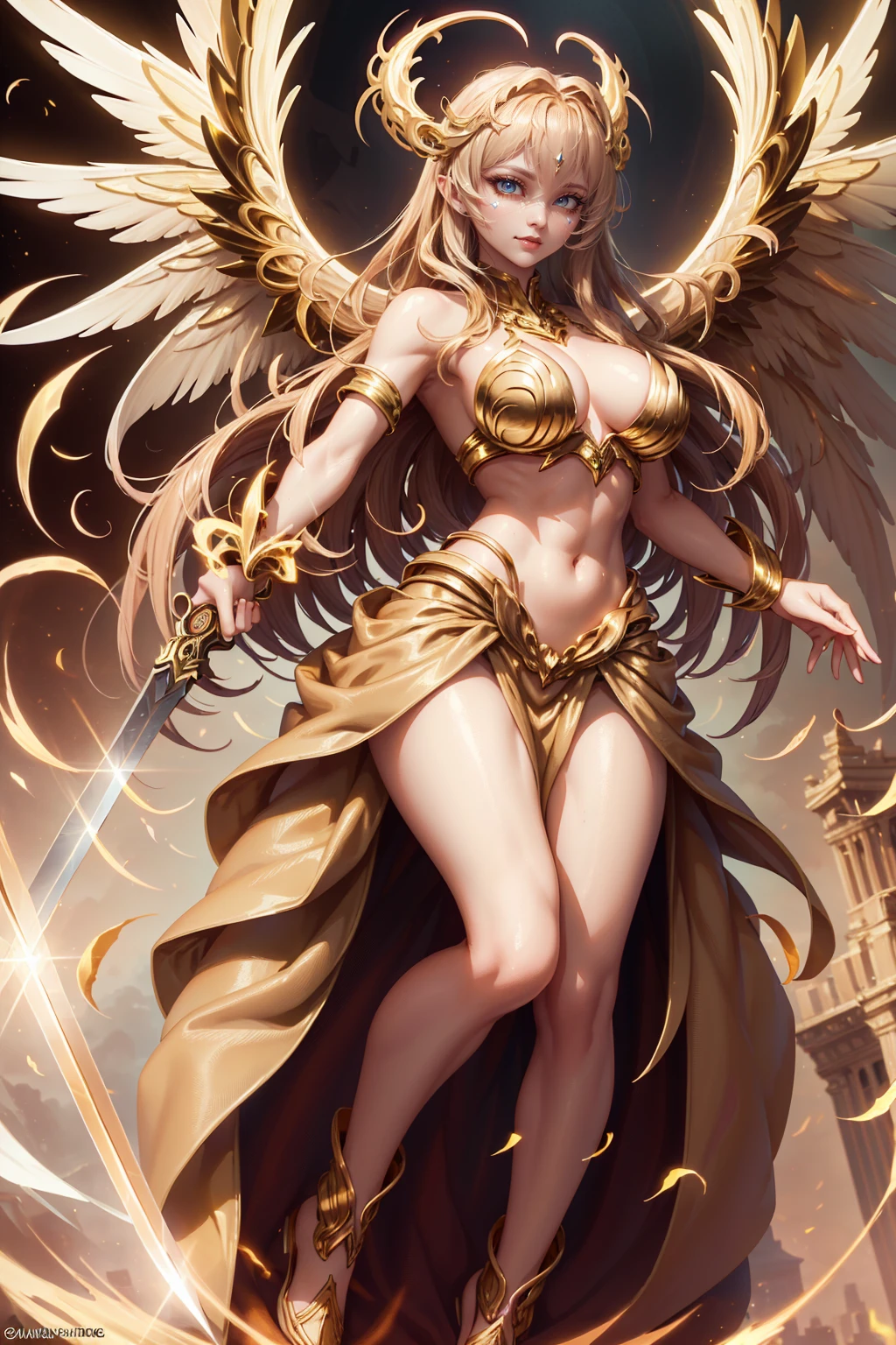 golden angel goddess with wings, blondie hair, perfect hands, golden shine, fictional figure body hands on waist, sexy movement pose, swords around the body