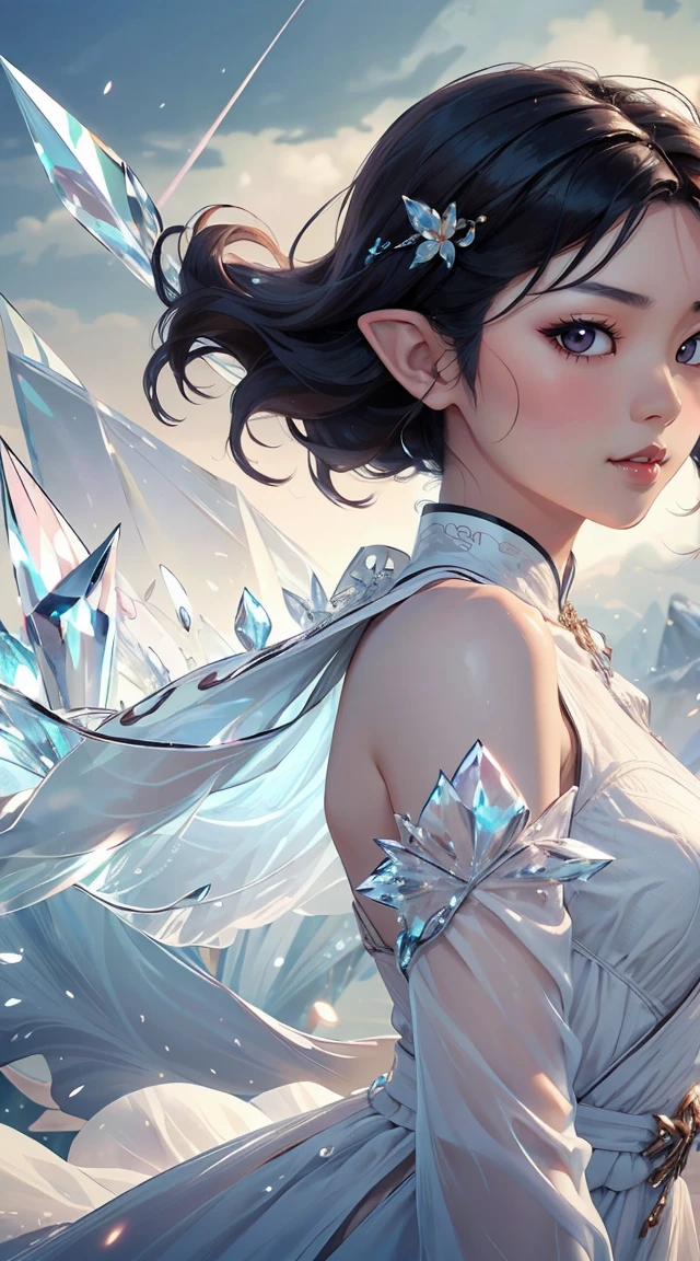 (Masterpiece, Top Quality, Best, Official Art, Beautiful and Aesthetic, Long Exposure: 1.2), Smooth Movement, Charming Patterns, 1 Girl, (Long Dress with Sleeves: 1.3), (((White Clothes) )), upper body close-up, bare shoulders, Chinese girl, blush, black lob hair, portrait, solo, upper body, looking at the observer, detailed background, detailed face, (crystallineAI, crystalline theme:1.1), elemental wind elves, rotation Wind, control the wind, white crystal clothing, dynamic pose, floating particles, ethereal dynamics, whirlwind, vapor, whirlwind in the background, white tone, whirlwind, ethereal atmosphere,