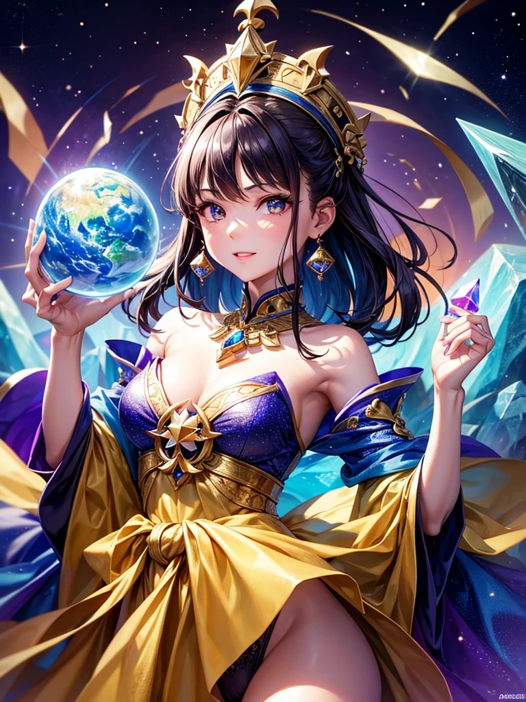 Highest quality,Highest Resolution,4K quality,A female fortune teller holds her hand over a crystal ball on which the Earth is projected,up,