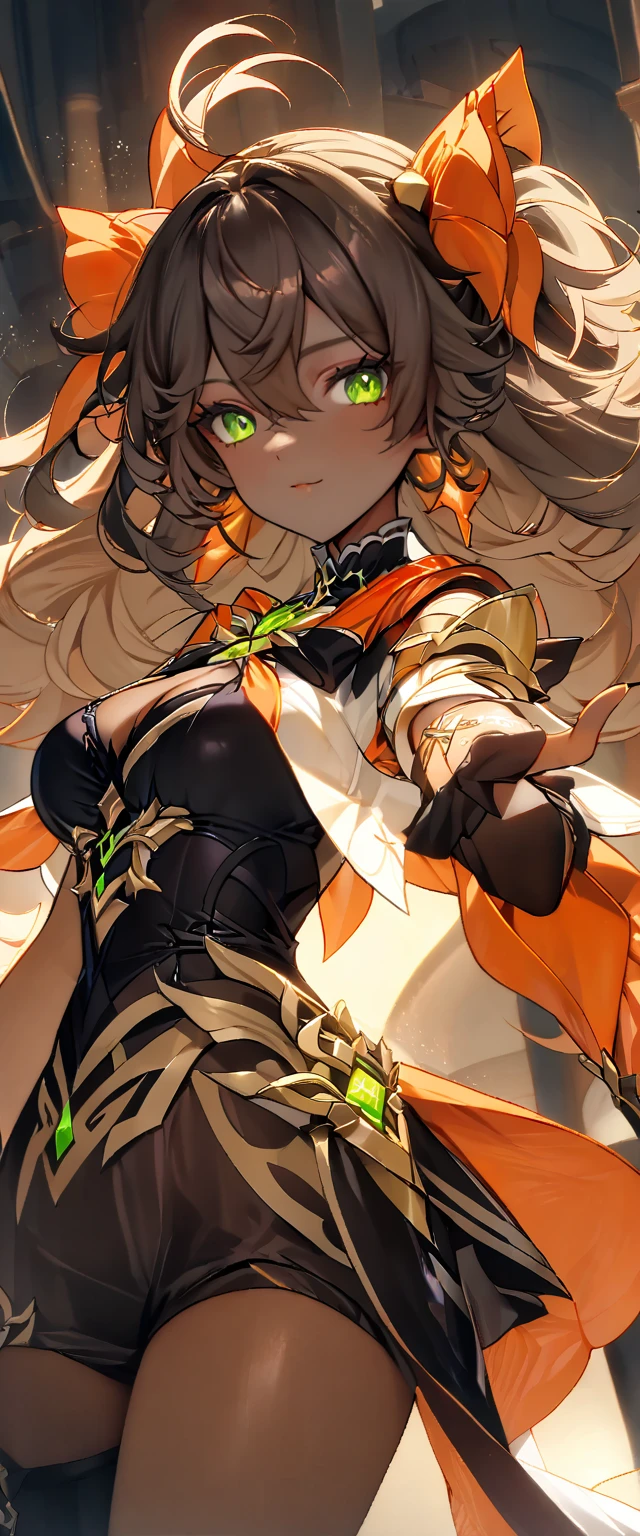 (masterpiece), best quality, expressive eyes, perfect face,1girl,score_9,score_8_up,score_7_up, arm_behind_back, brown_hair, cropped_legs, dark-skinned_female, detached_sleeves, green_eyes,brown hair, grey hair streak, hair_ornament, highres, looking_at_viewer, female_focus, multicolored_hair, open_hand, orange_cape, sethos_\(genshin_impact\), solo, tassel,long_hair, big breasts,cleavage,cowboy shot,desert palace,(magical girl:1.4),magical girl costume,looking at viewer