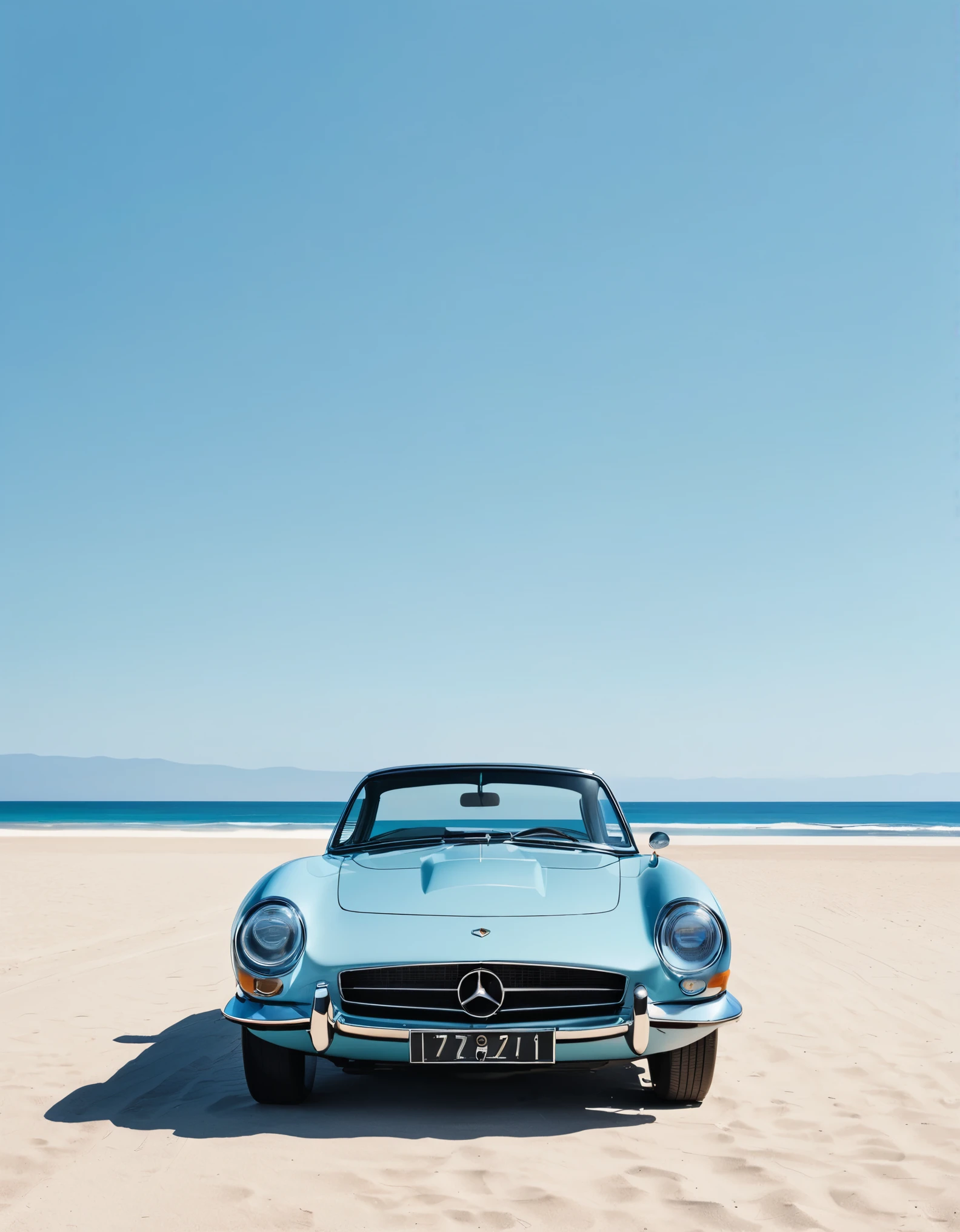 A minimalist depiction of a car with its doors open, parked on a beach with simple lines and a clear sky. The scene captures elegance and simplicity