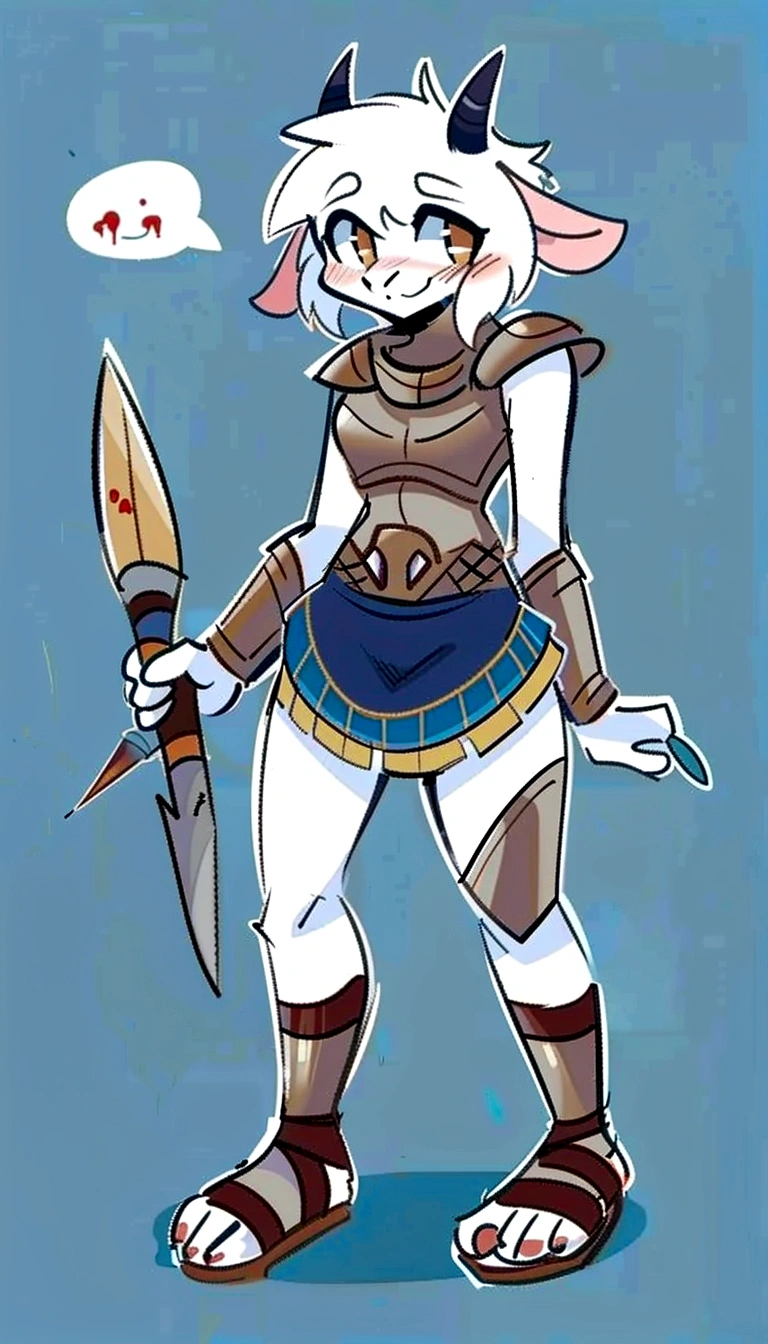 1girl, furry, furry_female, goat_ears, goat_girl,  solo, wearing full body plate armor, gladiator skirt, gladiator sandals, humanoid feet, holding a spear, nosebleed,bloody nose