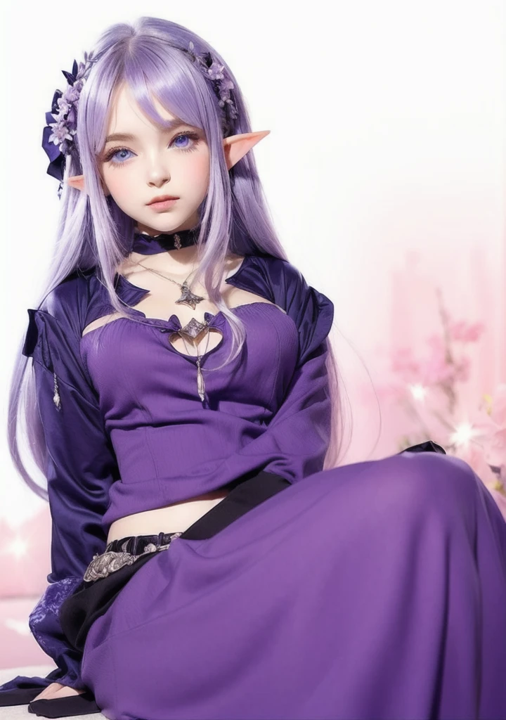 A girl elf with pointed ears, fair skin, blue eyes, and lilac hair, wearing a lilac outfit.