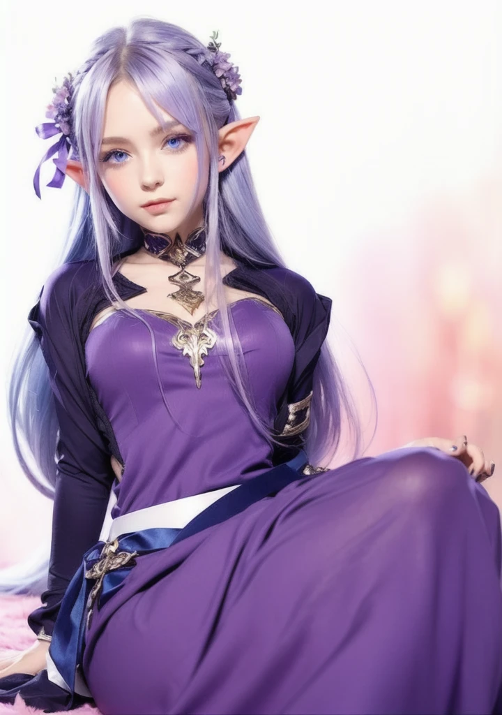 A girl elf with pointed ears, fair skin, blue eyes, and lilac hair, wearing a lilac outfit.
