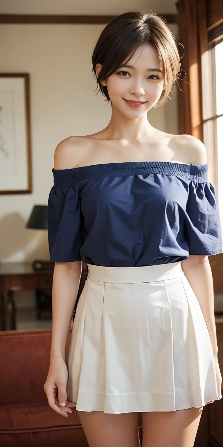 (8K,RAW Photos、RAW Photos、Highest quality、Masterpiece:1.2)、１girl、１Middle-aged men、Very detailed、Super Resolution、(Photorealistic:1.3)、((Shooting from below)),((Cowboy Shot:1.4))、Clear depiction of light and shadow、High resolution raw color photos、A living room for professional photography:1.4)))、Draw faithfully to ..、Very detailed and beautiful、super high quality、((girl with short cut hair:1.4))、((ドアの前に立っているgirl:1.4))、((White color short sleeve off shoulder shirt:1.4))、((White short-sleeved off-the-shoulder chiffon dress:1.4))、((A white chiffon  skirt that accentuates your thighs:1.4))、Upper Body、((赤いソファに座っているgirl:1.4))、((smile:1.4))、