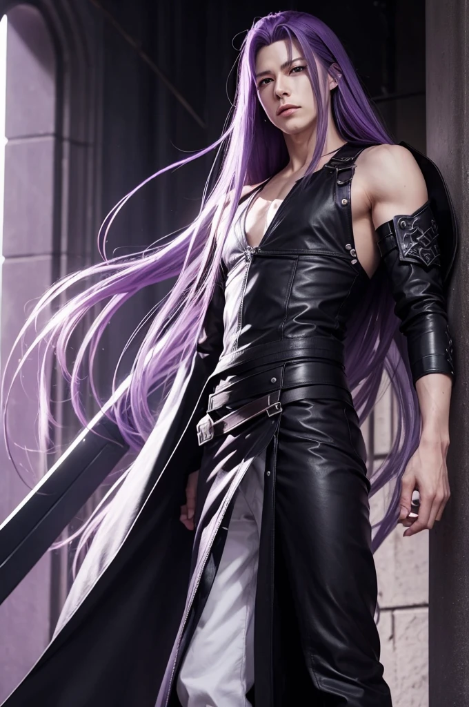 Sephiroth from Final Fantasy with Shoulder-length dark purple hair and lavender eyes