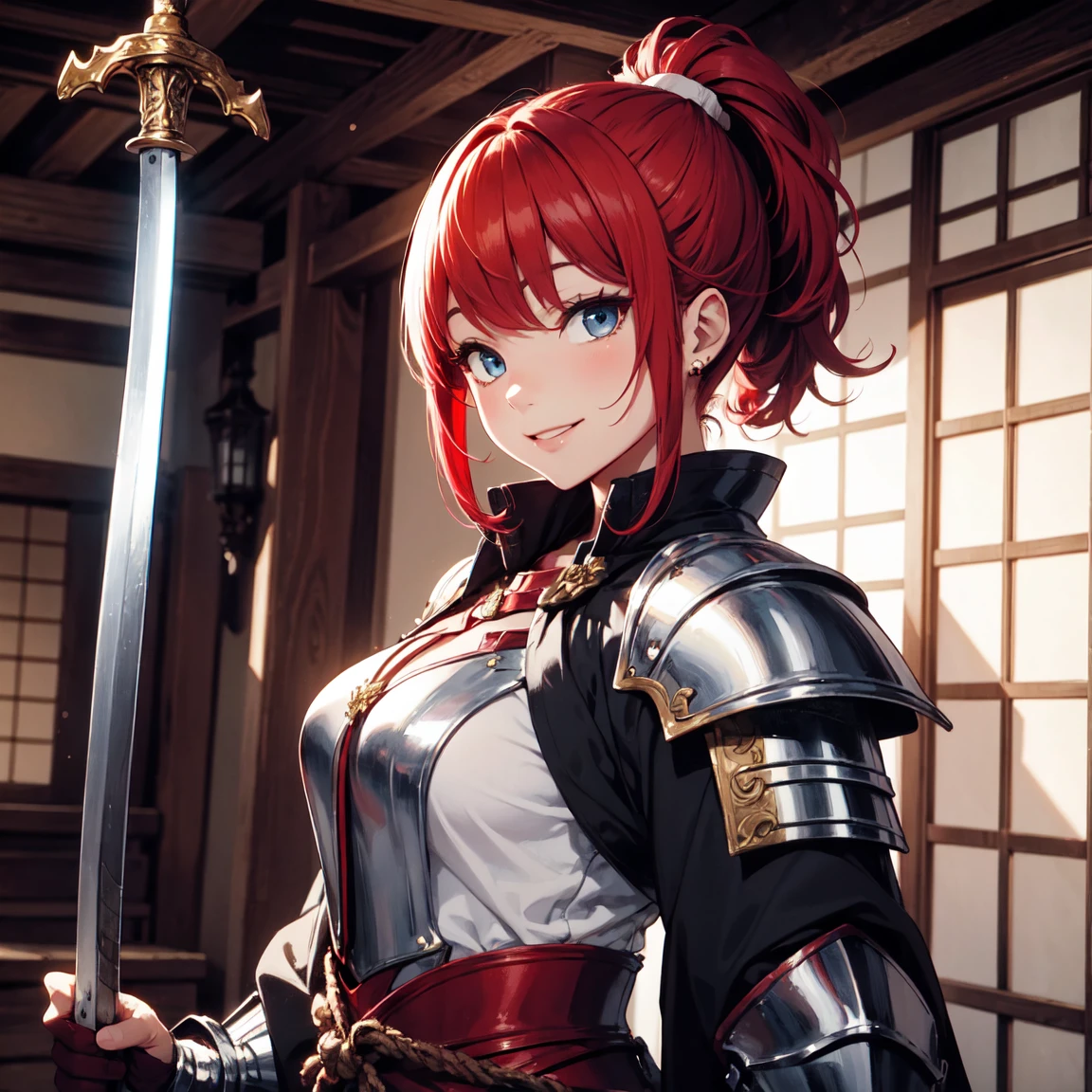 （masterpiece）、high resolution、21-year-old beauty female knight in red armor、Red hair in a ponytail、blue eyes、An inappropriate smile、Holding a Japanese sword、With a big wolf by his side。