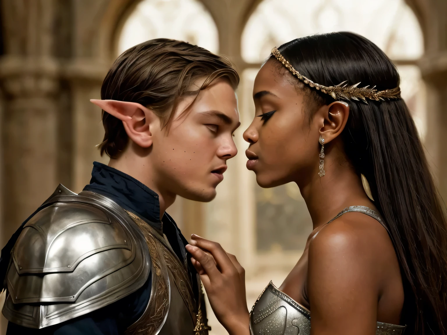 young elf prince leonardo dicaprio wearing armor elf ears, no beard, elven, kissing an african black girl princess, medieval background, fantasy. HD, black girl young, interracial.
