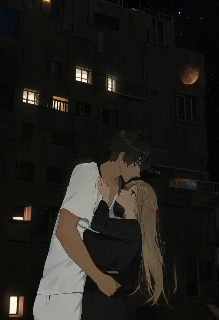 they are поцелуи in front of a galaxy ночью, поцелуи together cutely, couple поцелуи, They are in love, taken at night, Space in the background, boy and girl