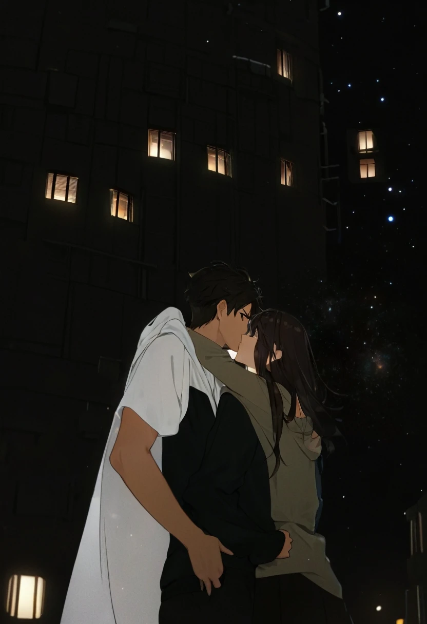 they are поцелуи in front of a galaxy ночью, поцелуи together cutely, couple поцелуи, They are in love, taken at night, Space in the background, boy and girl