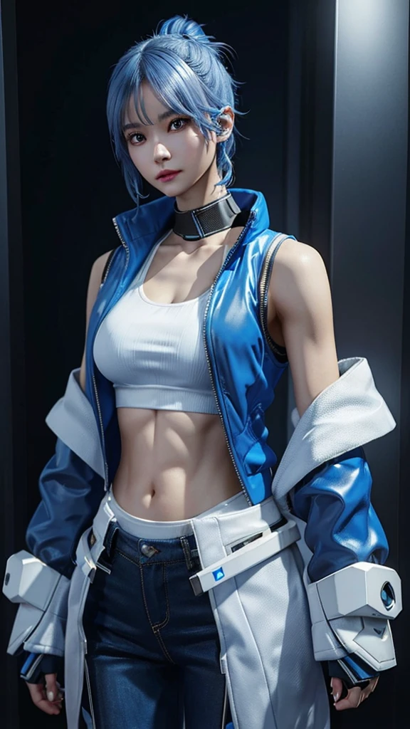 Prepare to be amazed by this unique 3D rendering of a female character, with a futuristic aesthetic that will transport you to another world. Her blue jacket and white tank top are just the beginning, as her visible gadget on her hip showcases her advanced technology and sets her apart from the rest.