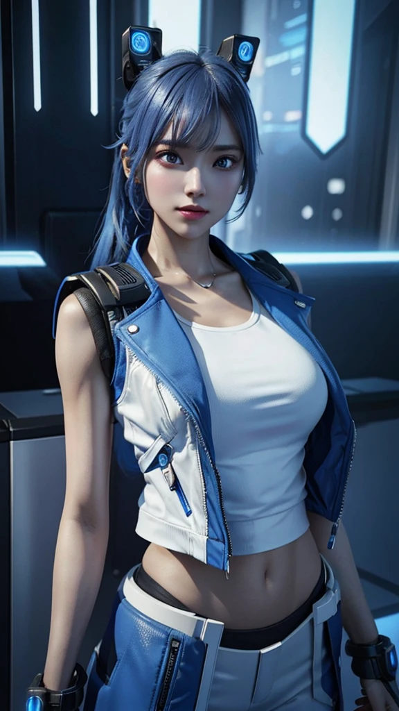 Prepare to be amazed by this unique 3D rendering of a female character, with a futuristic aesthetic that will transport you to another world. Her blue jacket and white tank top are just the beginning, as her visible gadget on her hip showcases her advanced technology and sets her apart from the rest.