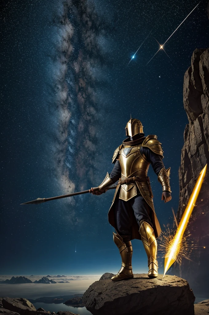 A man with armor standing on a floating piece of rock in space with a spear and a portal to the stars behind him, medieval setting