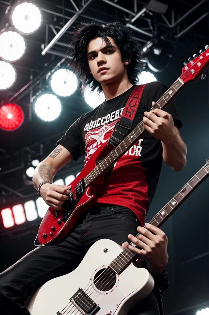 a boy with black hair and a white complexion, hair like a rocker from the 80s, who has a red t-shirt and black sleeves, rocker pants and who has a guitar, who has a lip piercing
