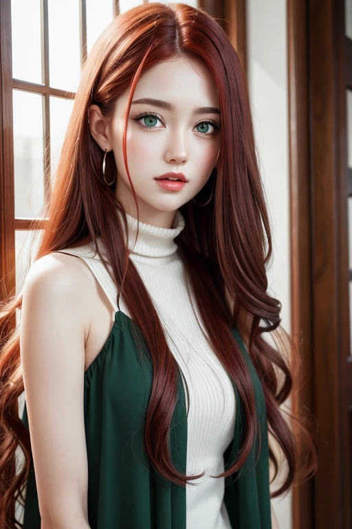 I want a funny character with dark green eyes, white skin and long red hair