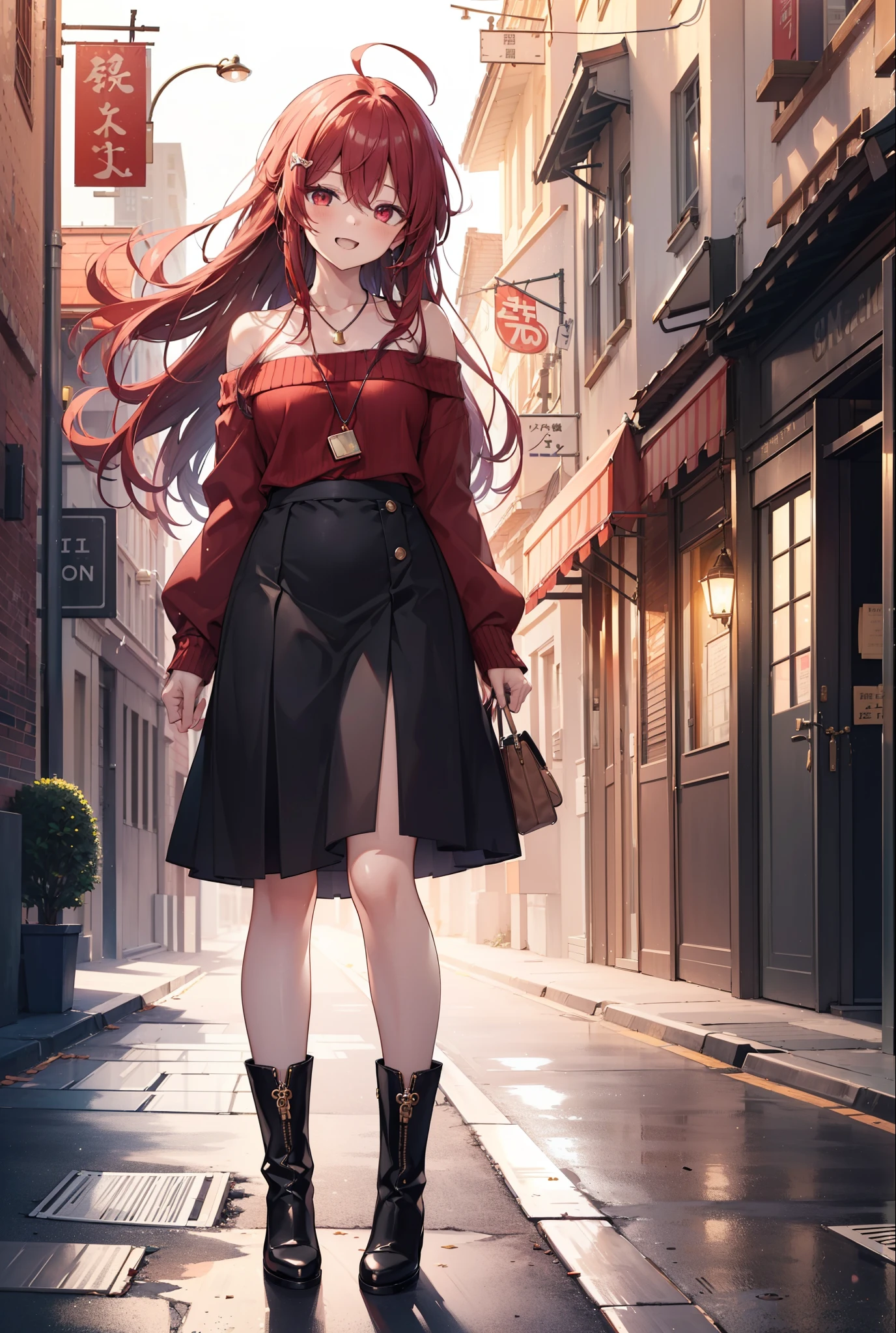 Shana,灼眼のShana,Long Hair, Red Hair, Red eyes,Ahoge,happy smile, smile, Open your mouth,Oversized off-the-shoulder sweater,Bare shoulders,bare clavicle,Bare neck,Locket Necklace,black long skirt,short boots,Daytime,sunny,Walking,whole bodyがイラストに入るように, break outdoors, Building district, break looking at viewer, whole body, break (masterpiece:1.2), Highest quality, High resolution, unity 8k wallpaper, (shape:0.8), (Beautiful attention to detail:1.6), Highly detailed face, Perfect lighting, Highly detailed CG, (Perfect hands, Perfect Anatomy),