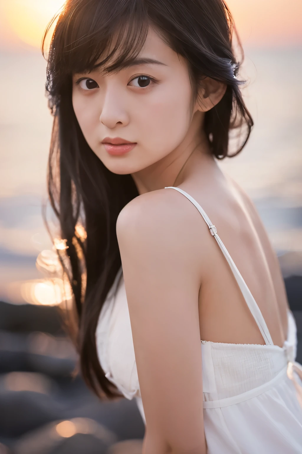 Create a high-quality, hyper-realistic portrait of a very beautiful Japanese idol. She is wearing a clean white summer dress and is squatting on the beach during sunset at sea. The deep indigo of the night sky contrasts with the last vestiges of crimson near the horizon, with swaying waves in the background. The girl has semi-long hair and a slender body with small breasts. The photo should capture her with detailed eyes, a detailed face, and a beautiful, sophisticated nose. The image should have a realistic, delicate, and finely detailed quality, suitable for a fashion magazine cover. Use cinema lighting and soft light to enhance her features. Ensure the photo is of the highest quality, with a resolution of 8K, making it perfect for a 2K wallpaper.