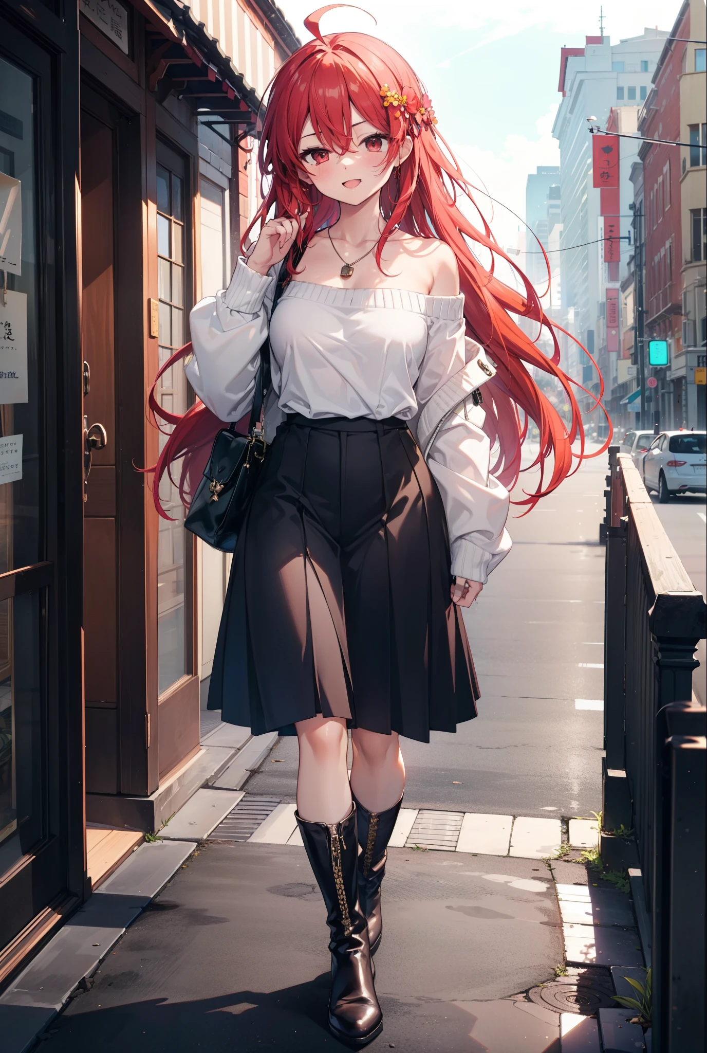 Shana,灼眼のShana,Long Hair, Red Hair, Red eyes,Ahoge,happy smile, smile, Open your mouth,Oversized off-the-shoulder sweater,Bare shoulders,bare clavicle,Bare neck,Locket Necklace,black long skirt,short boots,Daytime,sunny,Walking,whole bodyがイラストに入るように, break outdoors, Building district, break looking at viewer, whole body, break (masterpiece:1.2), Highest quality, High resolution, unity 8k wallpaper, (shape:0.8), (Beautiful attention to detail:1.6), Highly detailed face, Perfect lighting, Highly detailed CG, (Perfect hands, Perfect Anatomy),