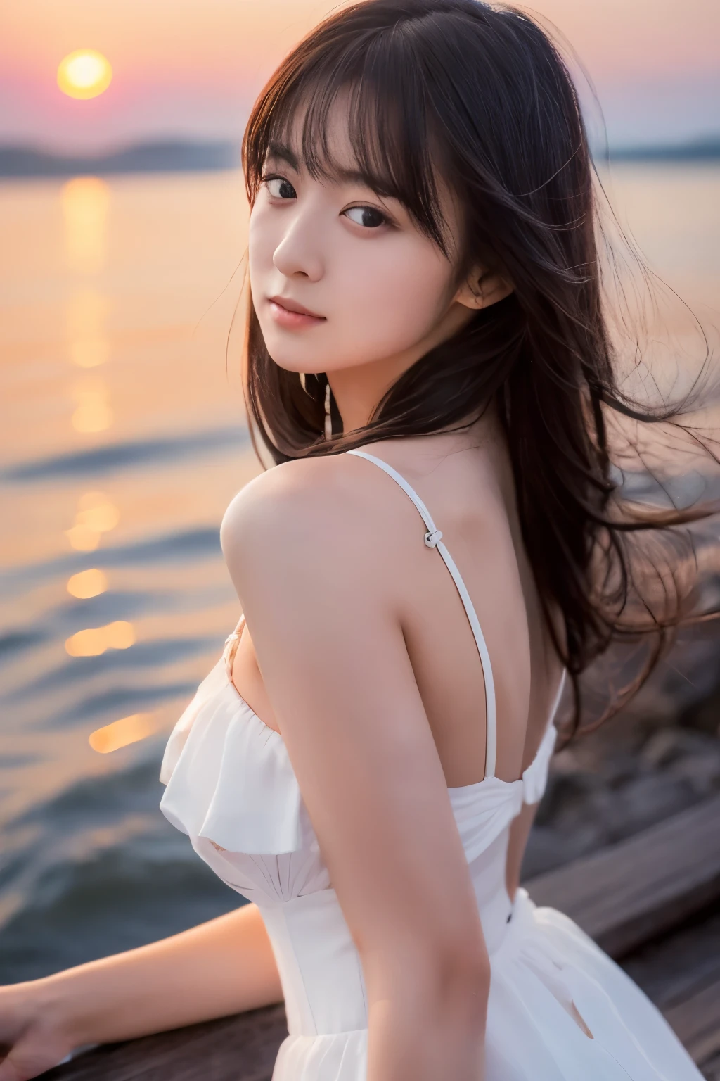 Create a high-quality, hyper-realistic portrait of a very beautiful Japanese idol. She is wearing a clean white summer dress and is squatting on the beach during sunset at sea. The deep indigo of the night sky contrasts with the last vestiges of crimson near the horizon, with swaying waves in the background. The girl has semi-long hair and a slender body with small breasts. The photo should capture her with detailed eyes, a detailed face, and a beautiful, sophisticated nose. The image should have a realistic, delicate, and finely detailed quality, suitable for a fashion magazine cover. Use cinema lighting and soft light to enhance her features. Ensure the photo is of the highest quality, with a resolution of 8K, making it perfect for a 2K wallpaper.