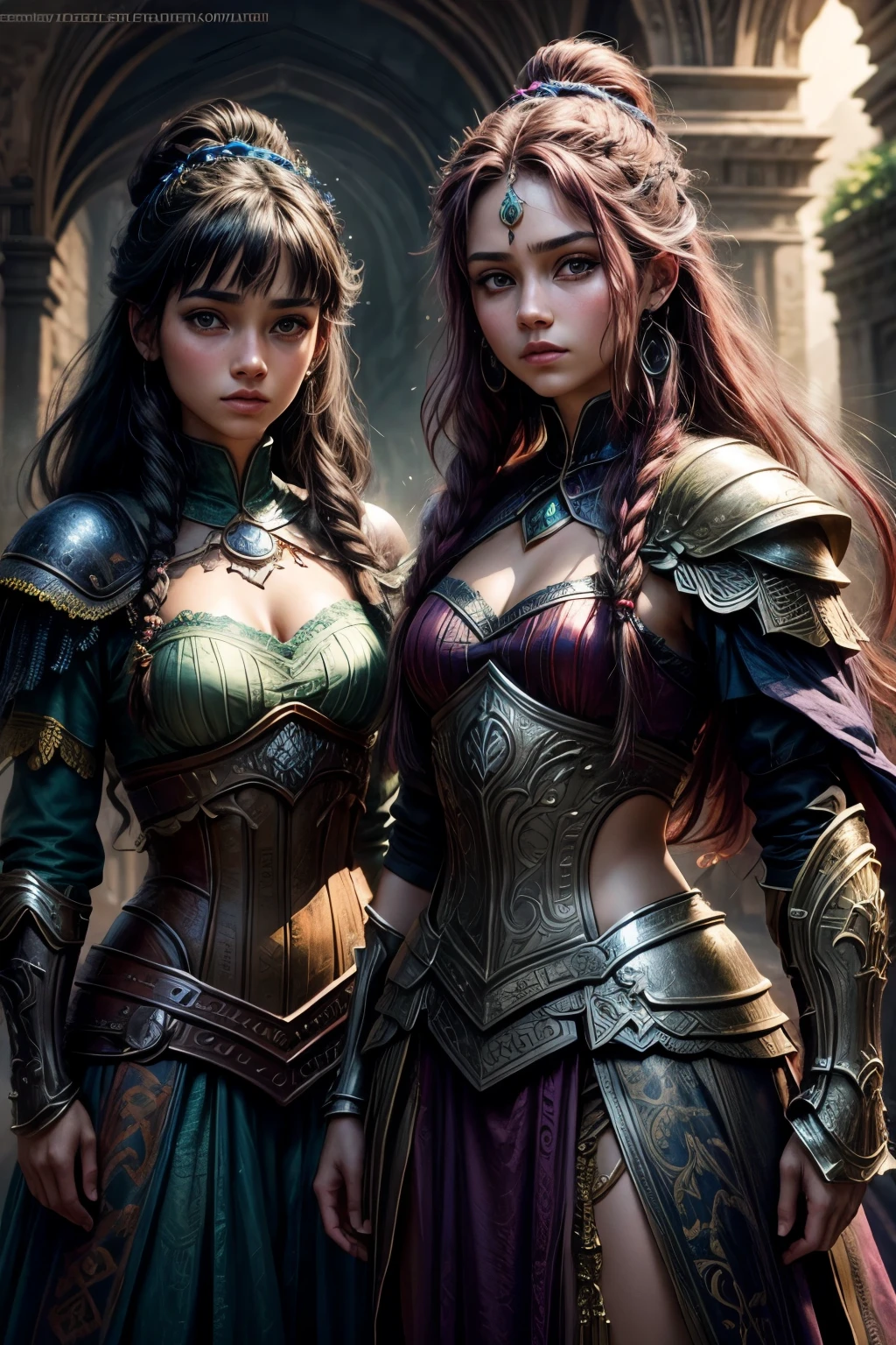 beautiful warrior princesses, colorful and intricate hair, two sisters 15 years old and 13 years old, highly detailed, vibrant colors, dramatic lighting, fantasy art style, digital painting, cinematic composition, epic scale, masterpiece, award winning, warrior dress, 8k, photorealistic
