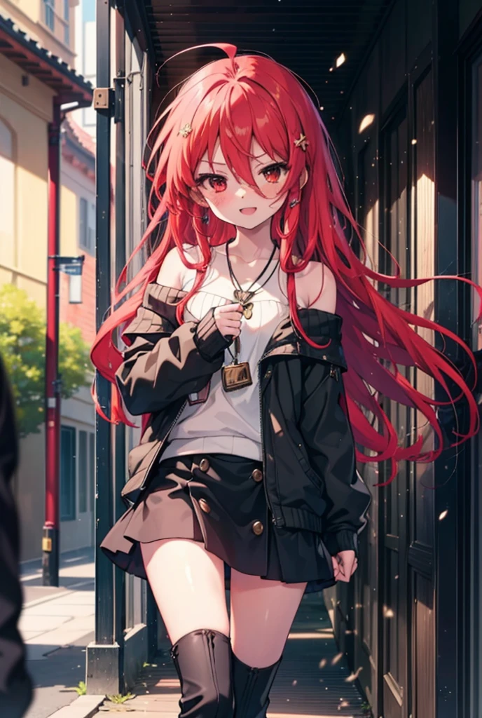 Shana,灼眼のShana,Long Hair, Red Hair, Red eyes,Ahoge,happy smile, smile, Open your mouth,Oversized off-the-shoulder sweater,Bare shoulders,bare clavicle,Bare neck,Locket Necklace,black long skirt,short boots,Daytime,sunny,Walking,whole bodyがイラストに入るように, break outdoors, Building district, break looking at viewer, whole body, break (masterpiece:1.2), Highest quality, High resolution, unity 8k wallpaper, (shape:0.8), (Beautiful attention to detail:1.6), Highly detailed face, Perfect lighting, Highly detailed CG, (Perfect hands, Perfect Anatomy),