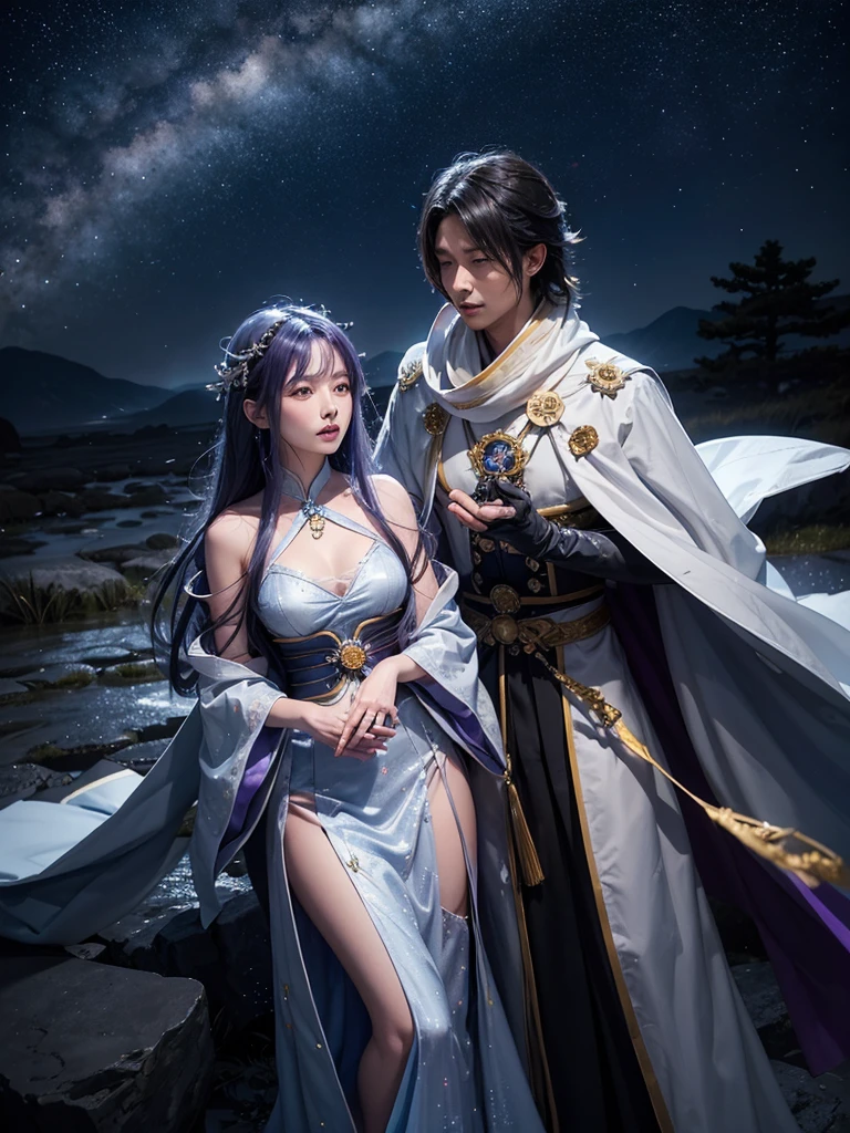 Under a star-filled sky, Orihime and Hikoboshi stand on opposite sides of the shimmering Milky Way, their eyes meeting with a sense of longing and love. The night is illuminated by a soft, ethereal glow, with delicate hues of blue and purple blending into the darkness. Surrounding them are twinkling stars, glowing mist, and mystical constellations, creating a magical and otherworldly atmosphere. Both characters are dressed in traditional celestial robes adorned with intricate patterns, adding to the enchantment of the scene."