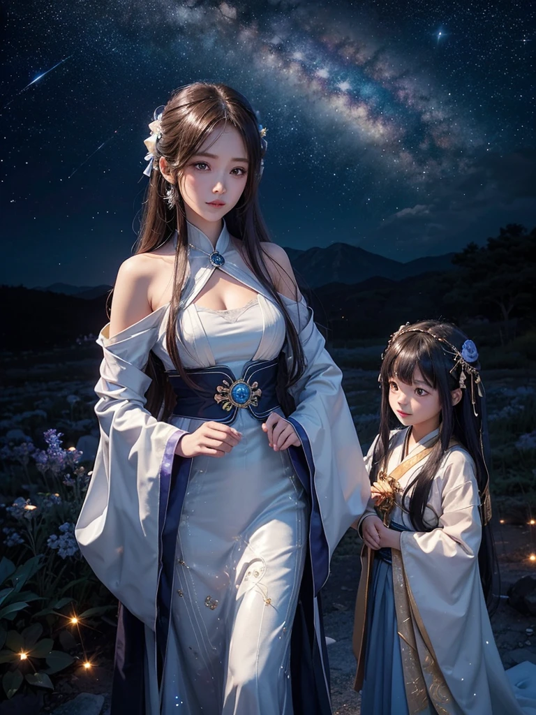 Under a star-filled sky, Orihime and Hikoboshi stand on opposite sides of the shimmering Milky Way, their eyes meeting with a sense of longing and love. The night is illuminated by a soft, ethereal glow, with delicate hues of blue and purple blending into the darkness. Surrounding them are twinkling stars, glowing mist, and mystical constellations, creating a magical and otherworldly atmosphere. Both characters are dressed in traditional celestial robes adorned with intricate patterns, adding to the enchantment of the scene."