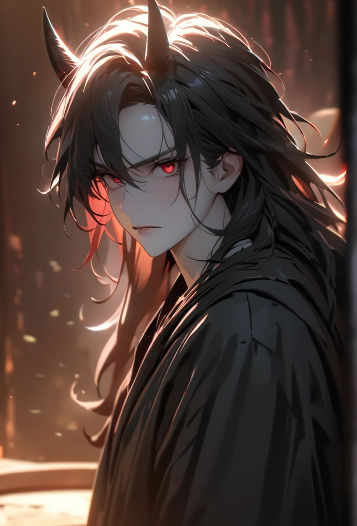 (solo), masculine, black hair, messy hair, mane hair, long hair, dense hair, wild hair, expressive hair, mature,(25 year old), pale skin, red eyes, ((man)), wearing a black robe, black demon horns,, serious, handsome, attractive, eye reflection, depth of field, thunder aura,cinematic lighting, ray tracing, depth of field, cinematic lighting, ray tracing, UHD, high details, best quality, highres, high quality, award winning, super detail, masterpiece, 8k, UHD, high details, best quality, highres, high quality, award winning, super detail, masterpiece, 8k, digital art, anime coloring, full body, body shot, good face, perfect face, detailed face, good eyes, sitting on a throne
