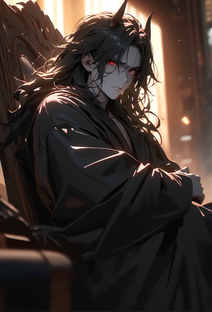 (solo), masculine, black hair, messy hair, mane hair, long hair, dense hair, wild hair, expressive hair, mature,(25 year old), pale skin, red eyes, ((man)), wearing a black robe, black demon horns,, serious, handsome, attractive, eye reflection, depth of field, thunder aura,cinematic lighting, ray tracing, depth of field, cinematic lighting, ray tracing, UHD, high details, best quality, highres, high quality, award winning, super detail, masterpiece, 8k, UHD, high details, best quality, highres, high quality, award winning, super detail, masterpiece, 8k, digital art, anime coloring, full body, body shot, good face, perfect face, detailed face, good eyes, sitting on a throne