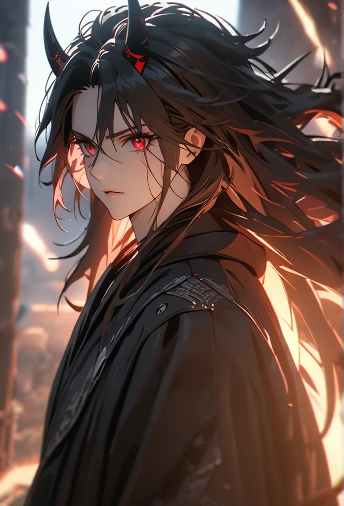 (solo), masculine, black hair, messy hair, mane hair, long hair, dense hair, wild hair, expressive hair, mature,(25 year old), pale skin, red eyes, ((man)), wearing a black robe, black demon horns,, serious, handsome, attractive, eye reflection, depth of field, thunder aura,cinematic lighting, ray tracing, depth of field, cinematic lighting, ray tracing, UHD, high details, best quality, highres, high quality, award winning, super detail, masterpiece, 8k, UHD, high details, best quality, highres, high quality, award winning, super detail, masterpiece, 8k, digital art, anime coloring, full body, body shot, good face, perfect face, detailed face, good eyes, sitting on a throne