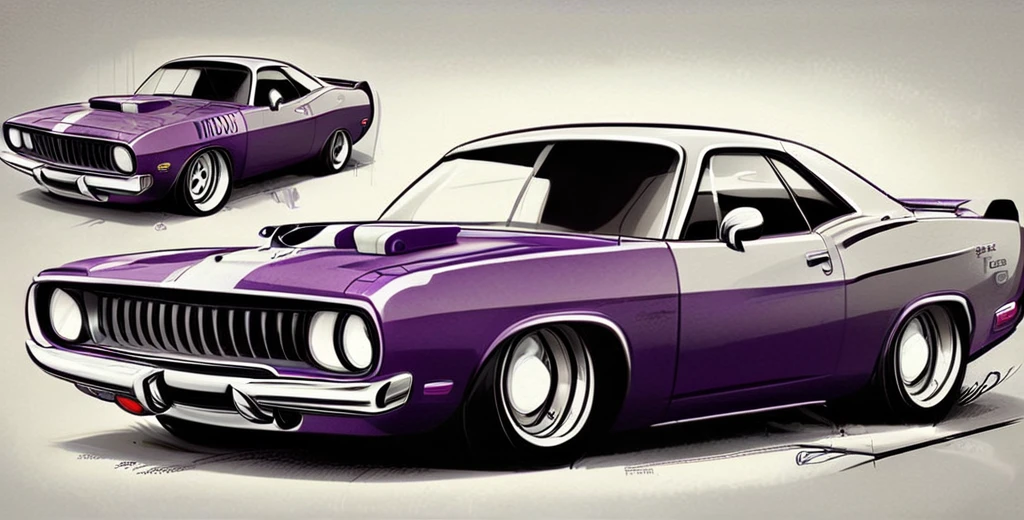 Plum Purple colored  Plymouth hemi cuda, 2 door, pop art, cartoonish style , sketch, detailed illustration, large black wheels, wide bodykit, masterpiece, highly detailed ((([simple light grey background])))