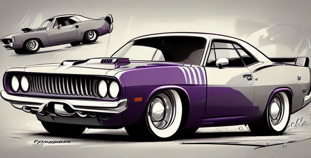 Plum Purple colored  Plymouth hemi cuda, 2 door, pop art, cartoonish style , sketch, detailed illustration, large black wheels, wide bodykit, masterpiece, highly detailed ((([simple light grey background])))