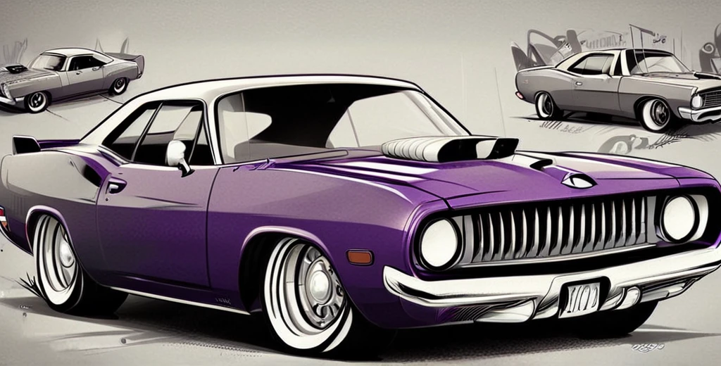 Plum Purple colored  Plymouth hemi cuda, 2 door, pop art, cartoonish style , sketch, detailed illustration, large black wheels, wide bodykit, masterpiece, highly detailed ((([simple light grey background])))