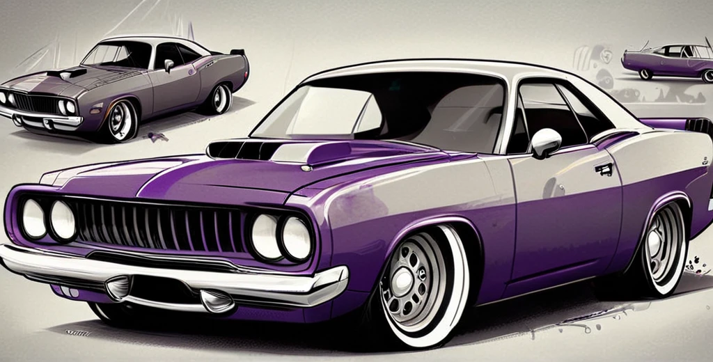 Plum Purple colored  Plymouth hemi cuda, 2 door, pop art, cartoonish style , sketch, detailed illustration, large black wheels, wide bodykit, masterpiece, highly detailed ((([simple light grey background])))