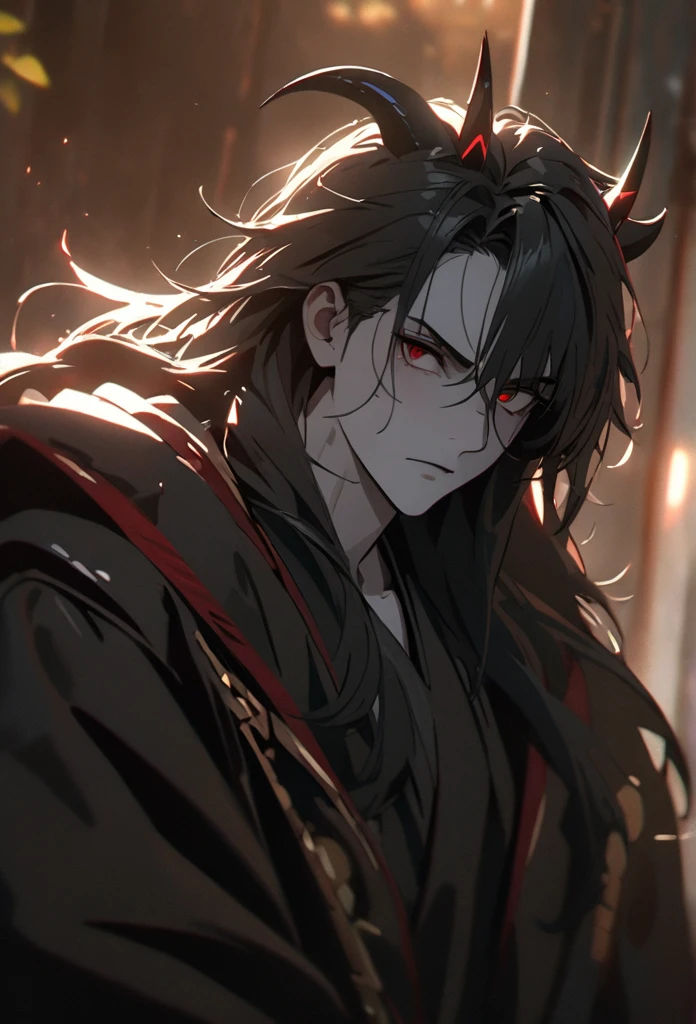 (solo), masculine, black hair, messy hair, mane hair, long hair, dense hair, wild hair, expressive hair, mature,(25 year old), pale skin, red eyes, ((man)), wearing a black robe, black demon horns,, serious, handsome, attractive, eye reflection, depth of field, thunder aura,cinematic lighting, ray tracing, depth of field, cinematic lighting, ray tracing, UHD, high details, best quality, highres, high quality, award winning, super detail, masterpiece, 8k, UHD, high details, best quality, highres, high quality, award winning, super detail, masterpiece, 8k, digital art, anime coloring, full body, body shot, good face, perfect face, detailed face, good eyes, sitting on a throne