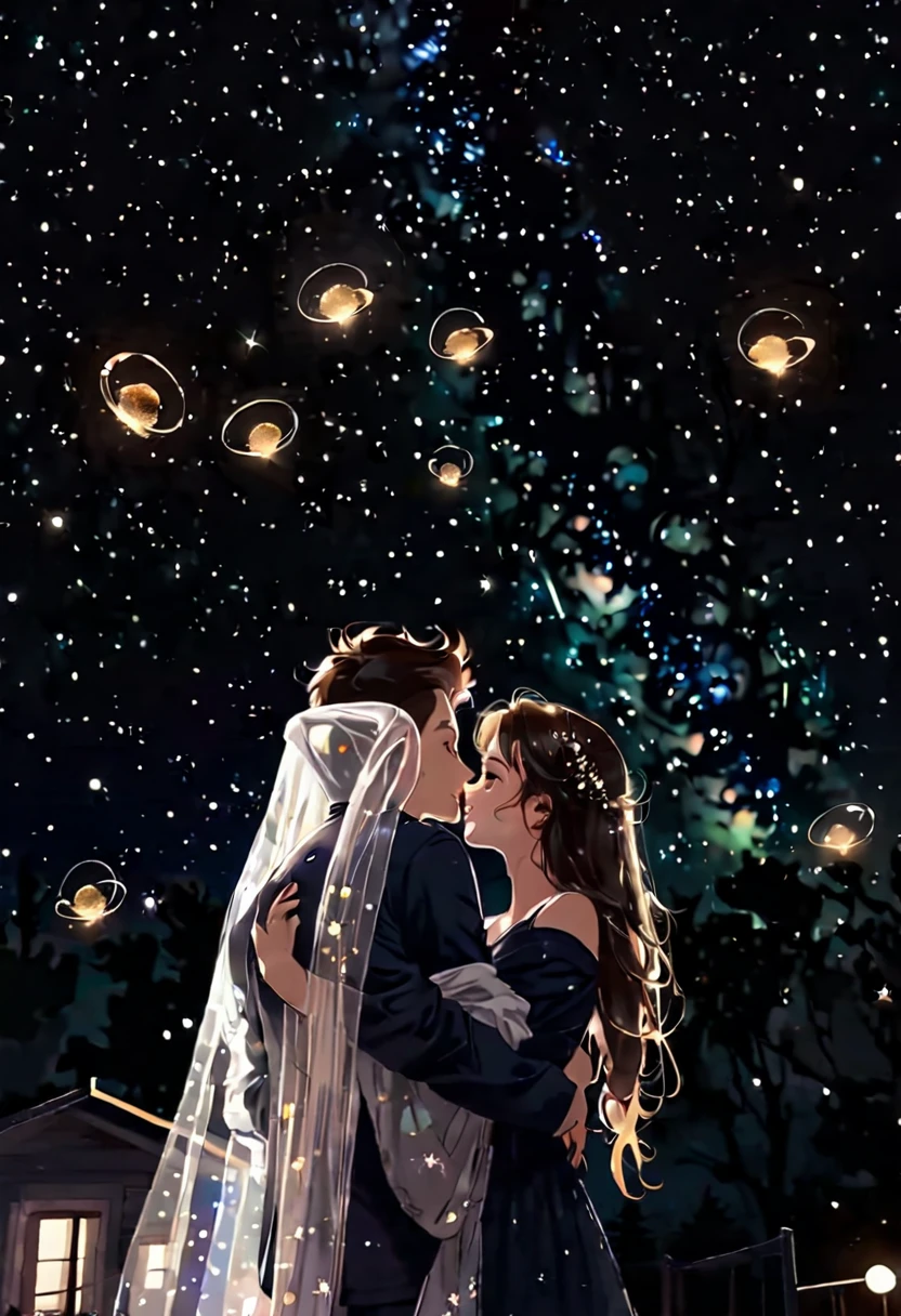 they are поцелуи in front of a galaxy ночью, поцелуи together cutely, couple поцелуи, They are in love, taken at night, Space in the background, boy and girl