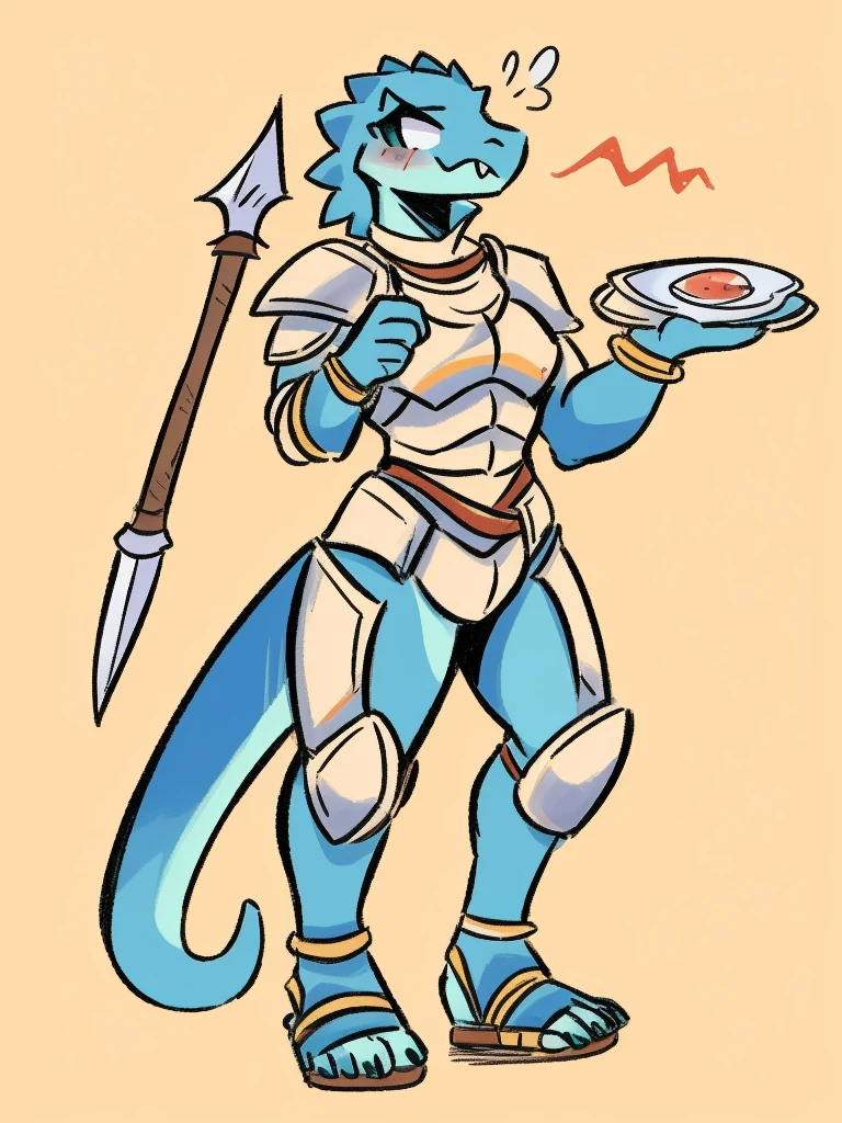 1girl, furry, furry_female, lizard_girl, solo, wearing full body, plate armor, , gladiator sandals, humanoid feet, holding a spear, nosebleed,bloody nose