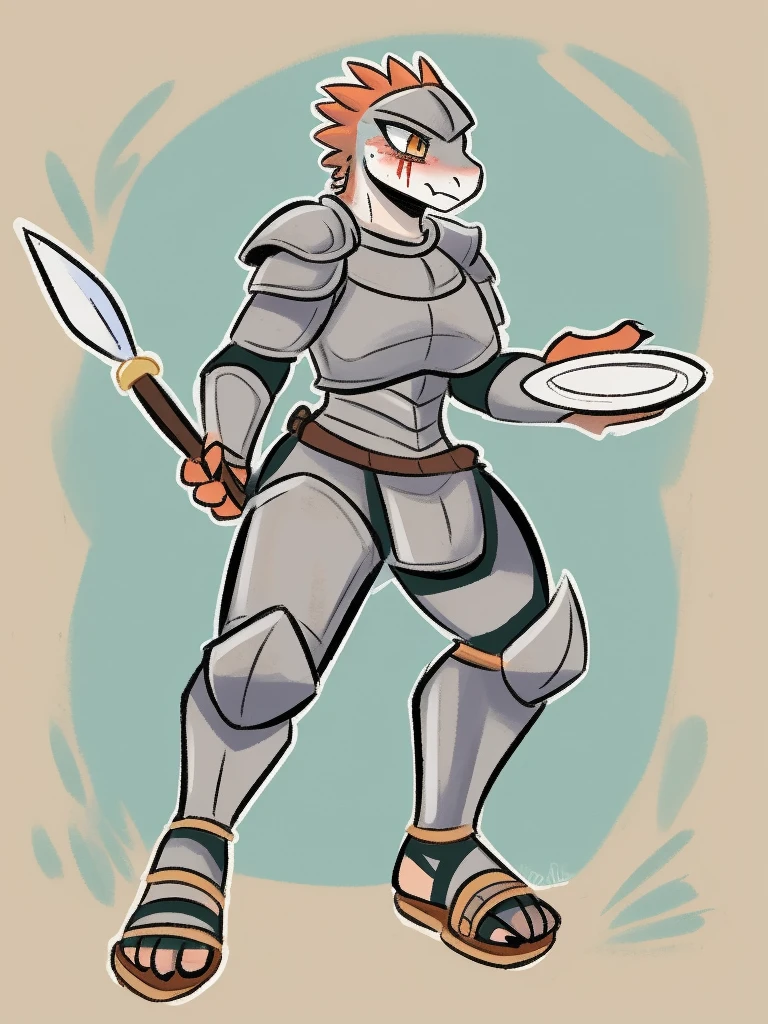 1girl, furry, furry_female, lizard_girl, solo, wearing full body, plate armor, , gladiator sandals, humanoid feet, holding a spear, nosebleed,bloody nose